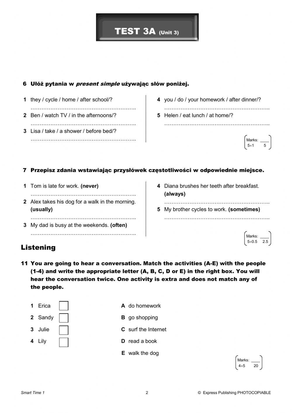 Smart time 1 test unit 3 class 7 online exercise for live worksheets