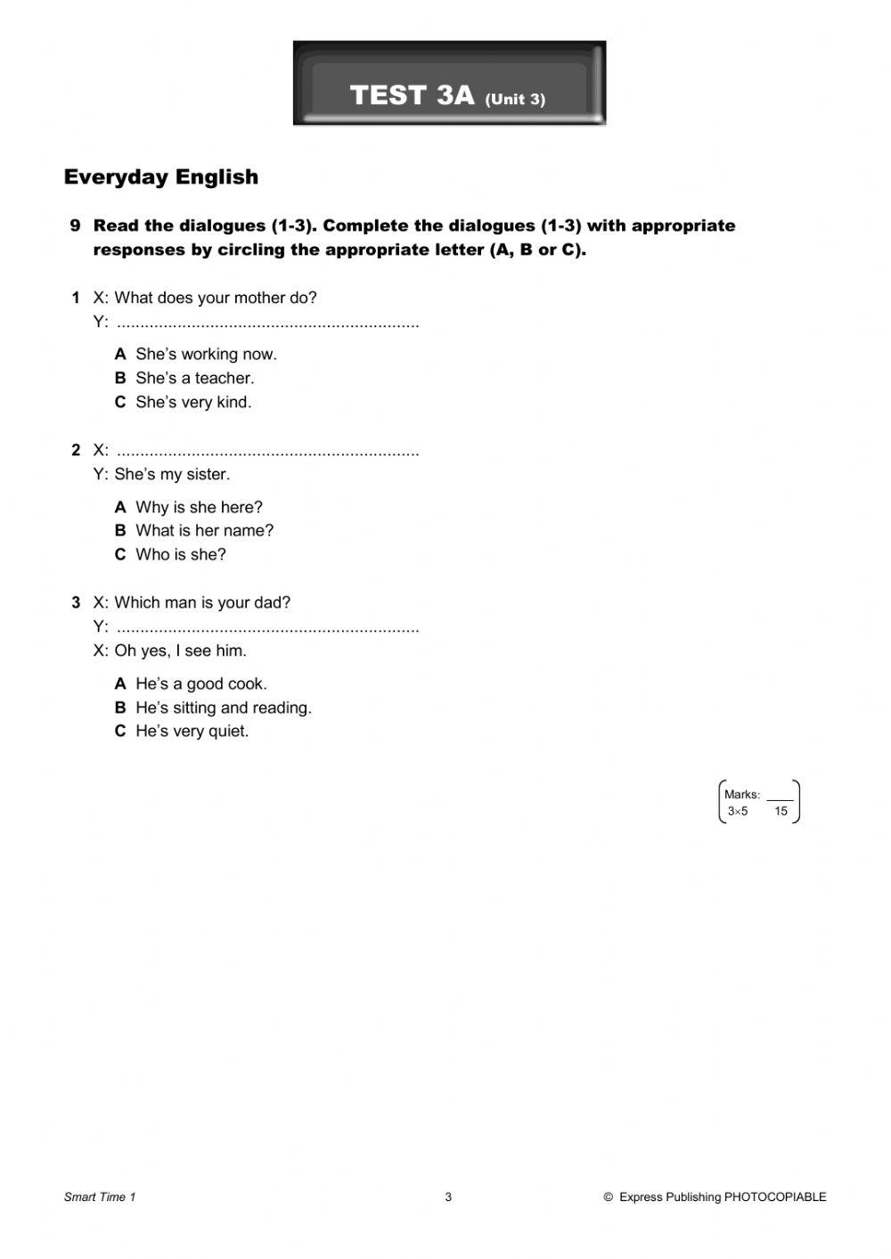 Smart time 1 test unit 3 class 7 online exercise for live worksheets