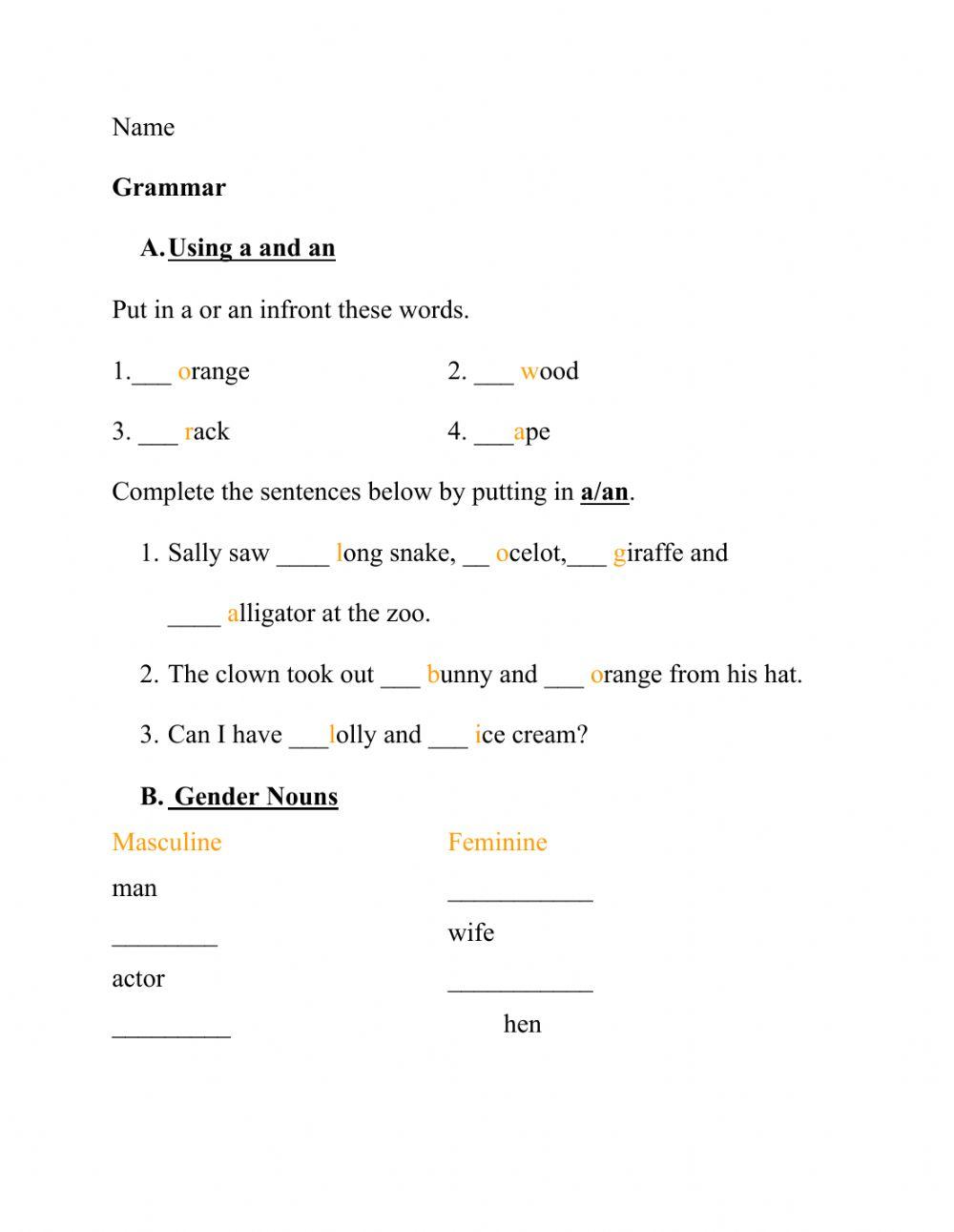 A-AN, Masculine and Feminine and Plural