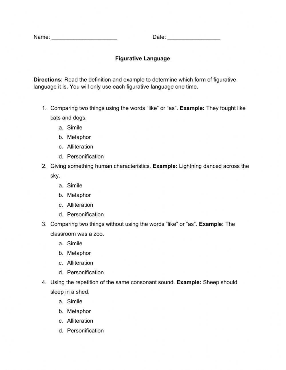 Figurative Language Mini Assessment