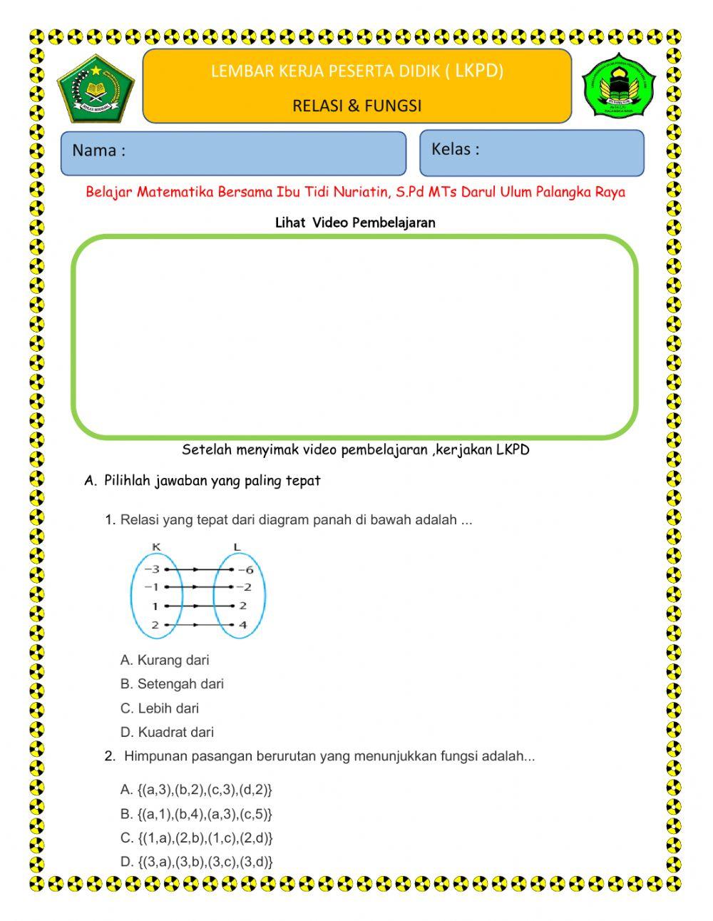 LKPD Relasi Fungsi Td DU worksheet Live Worksheets