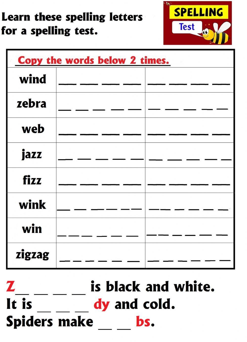 Spelling list ('z' and 'w')