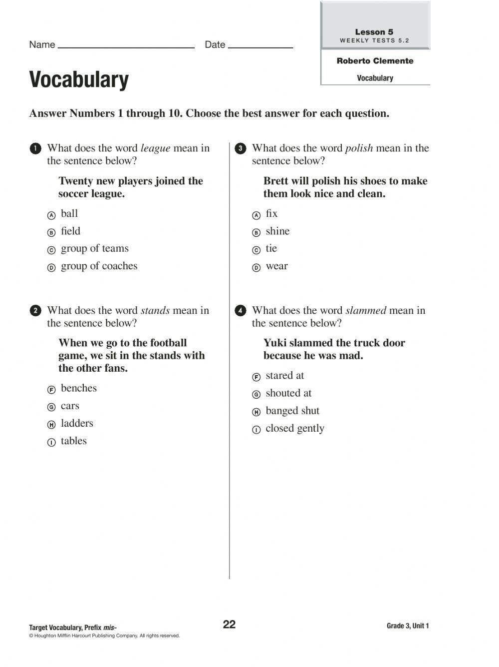 Lesson 5 Roberto Clemente 3 Parts (Vocabulary, Phonics, and Grammar)