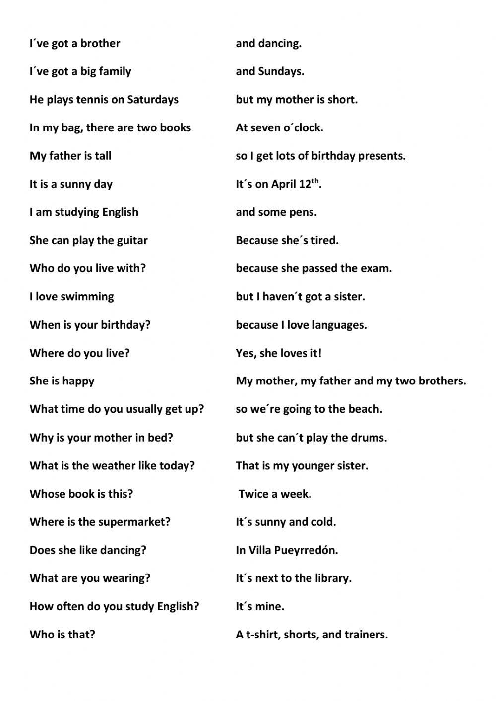 Sentences matching worksheet Live Worksheets