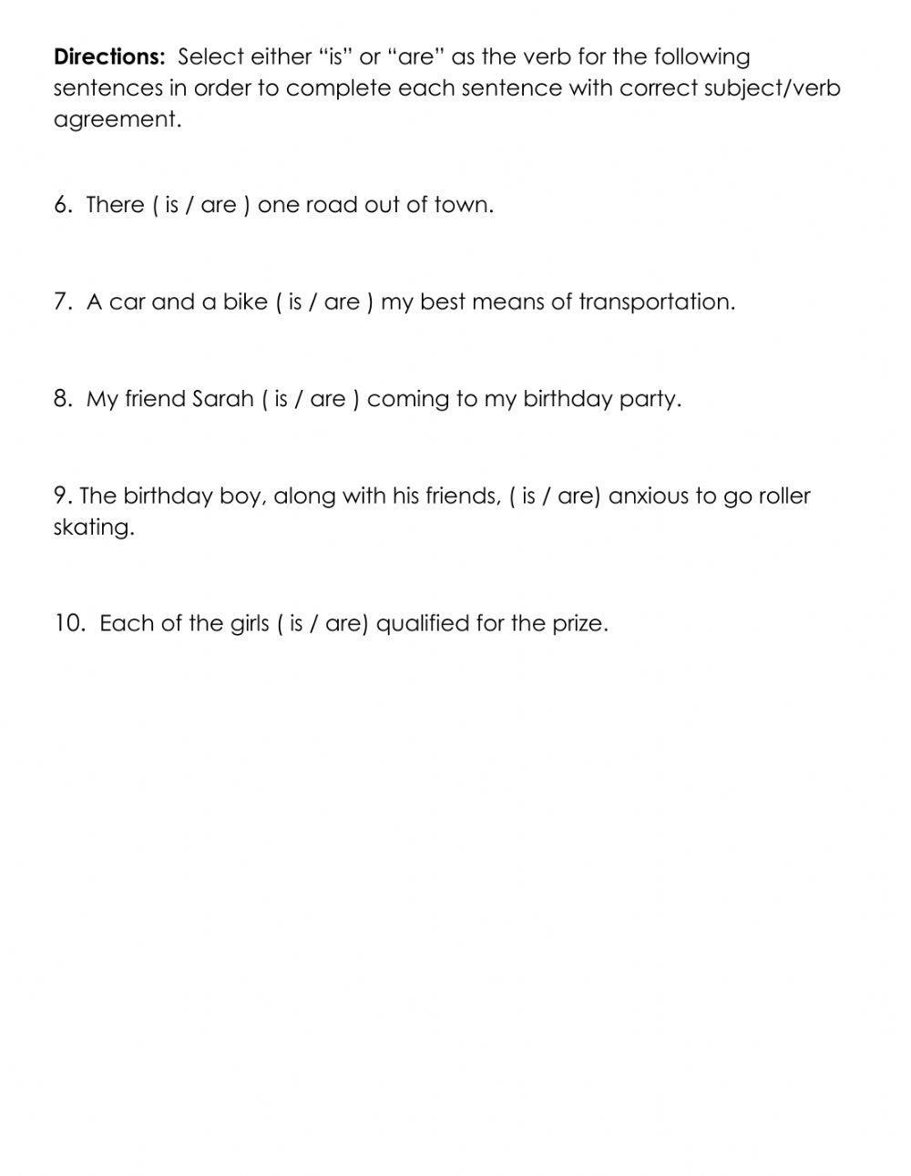 Subject Verb Agreement Assessment