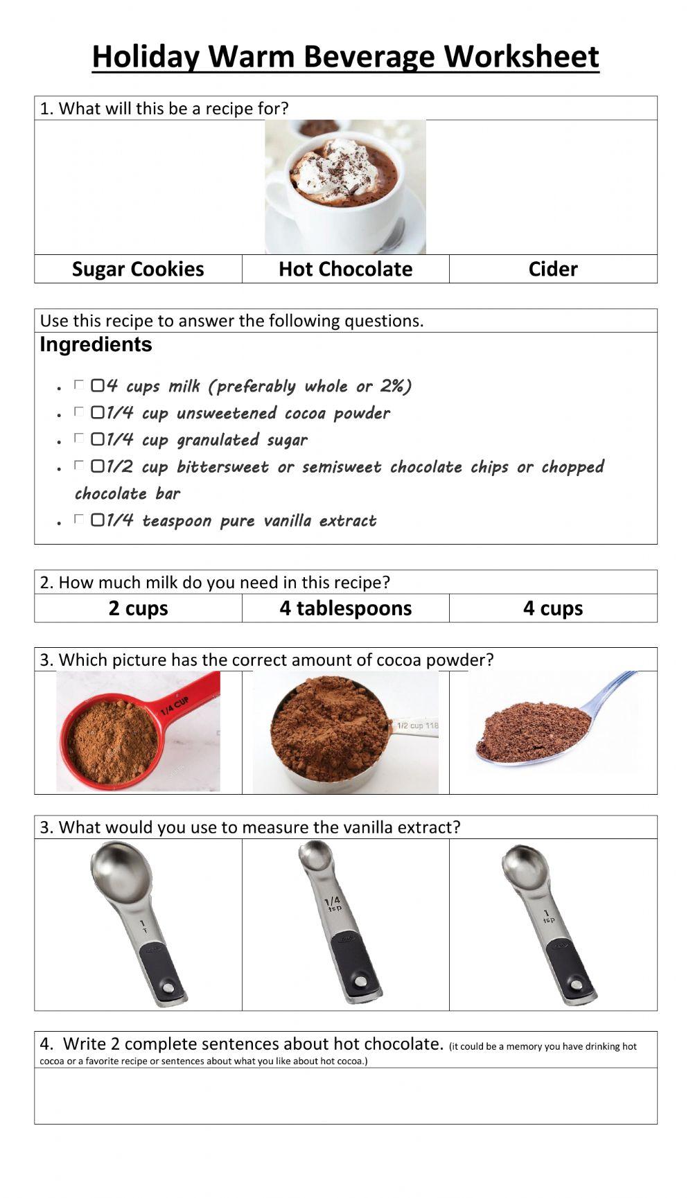Hot chocolate worksheet worksheet Live Worksheets