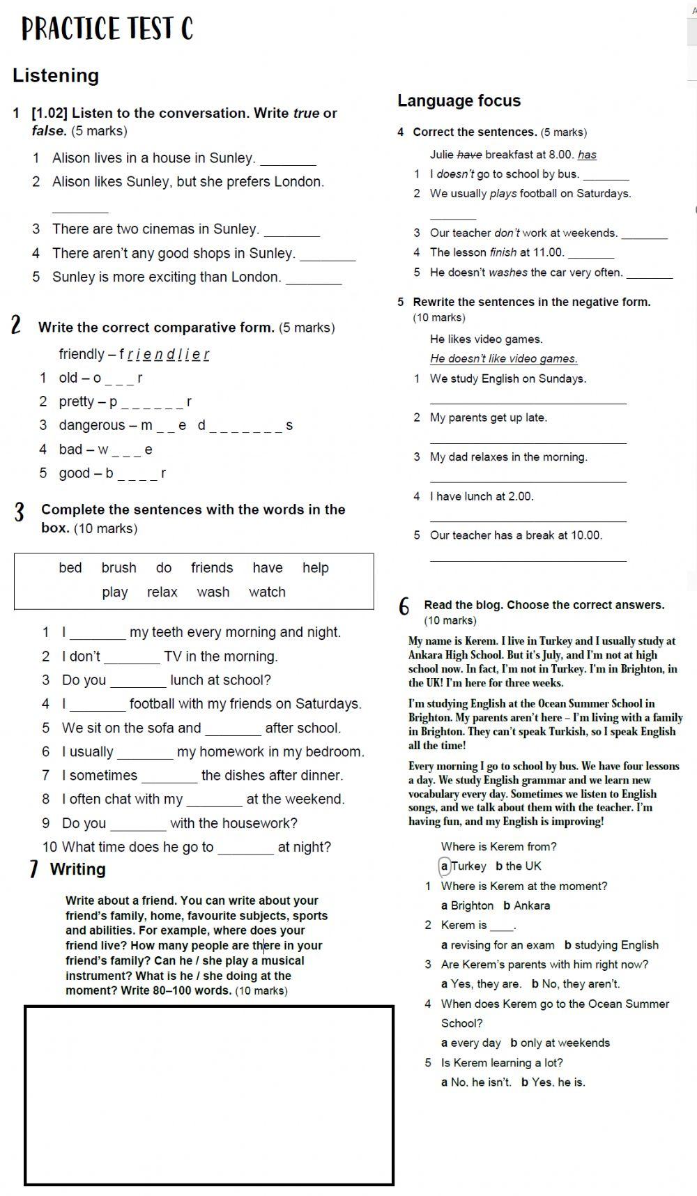 Practice test c worksheet | Live Worksheets