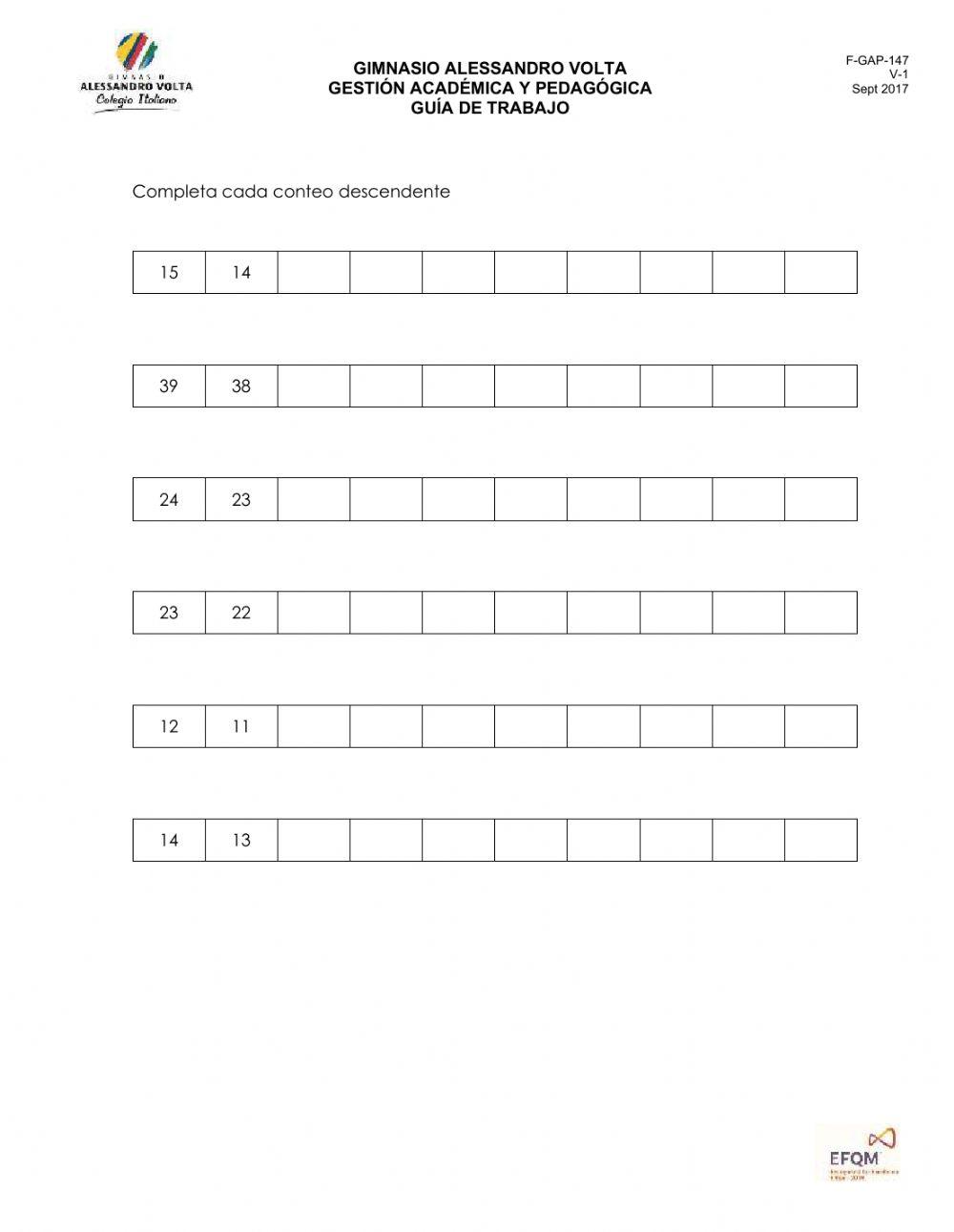 Números conteo descendente