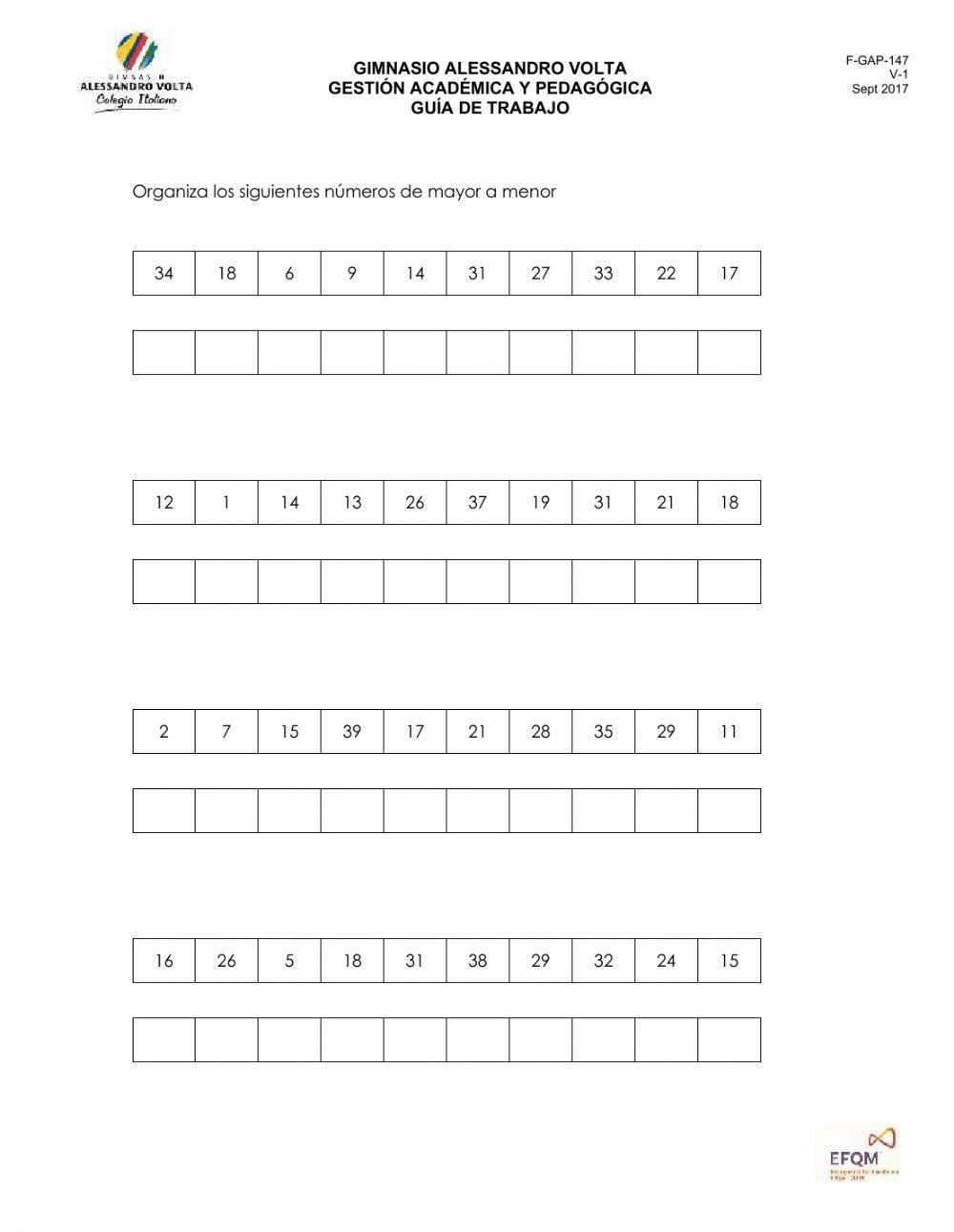 Números conteo descendente