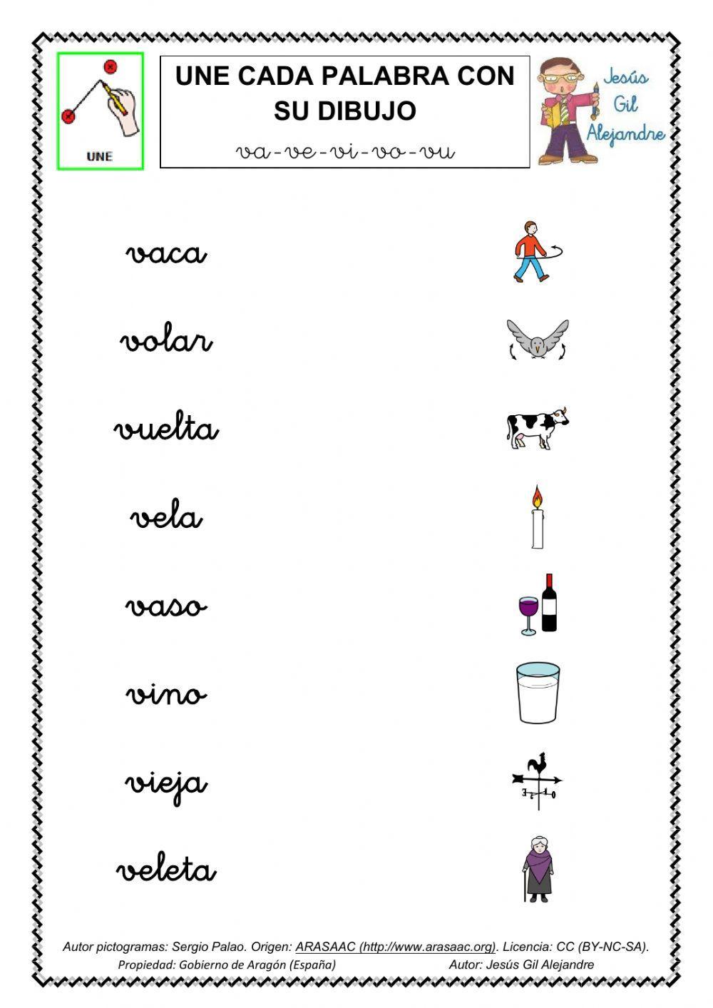 Une palabra y dibujo VA VE VI VO VU MINÚSCULAS