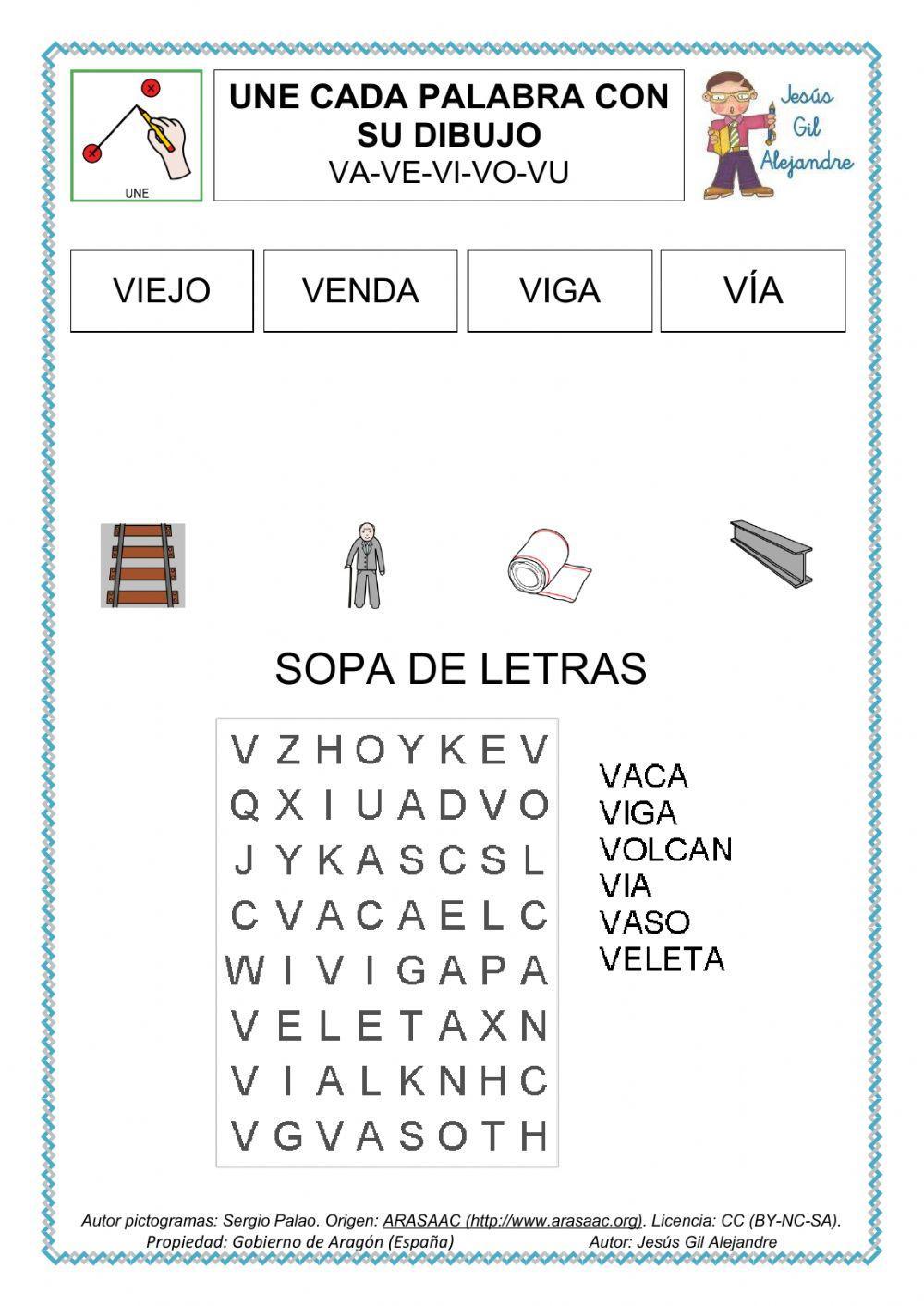 Une palabra y dibujo y sopa de letras va ve vi vo vu worksheet live