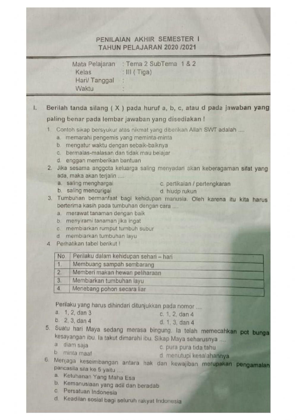 PAS Tematik Tema 2 Sub tema 1 dan 2