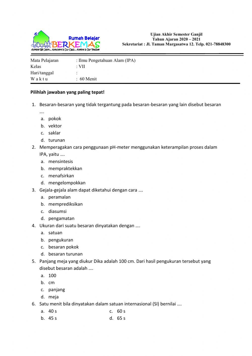 UAS-PAS GANJIL IPA Kelas VII TA 2020-2021