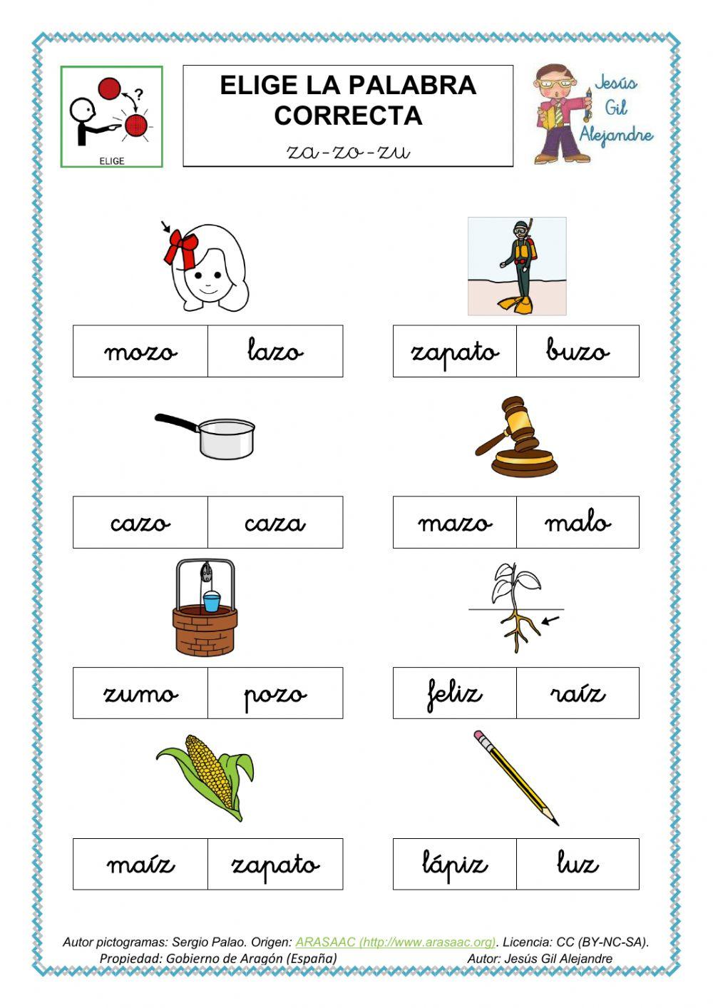 Elige la palabra correcta.za zo zu minúsculas