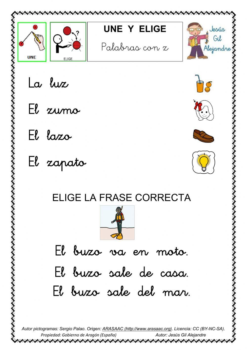 Une cada palabra con su dibujo y elige la frase correcta. za zo zu minúsculas