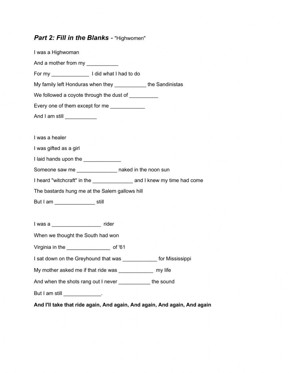 -Highwomen- Esl lesson worksheet