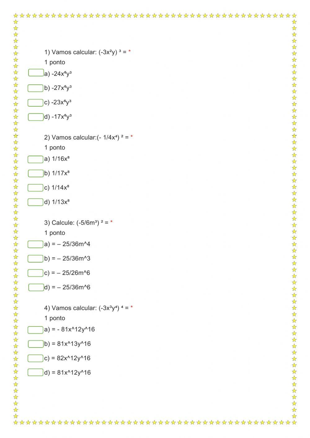 Tema: Potenciação de Monômios