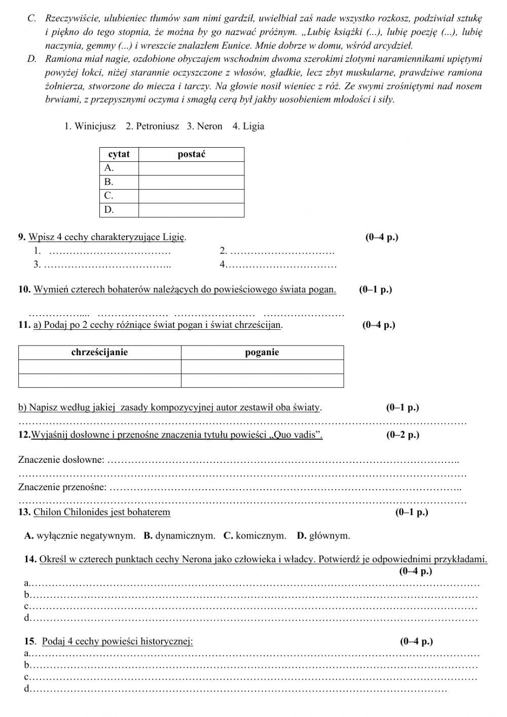 Sprawdzian Quo Vadis Klasa 8 4513225 | -Quo vadis- sprawdzian | Ulka25