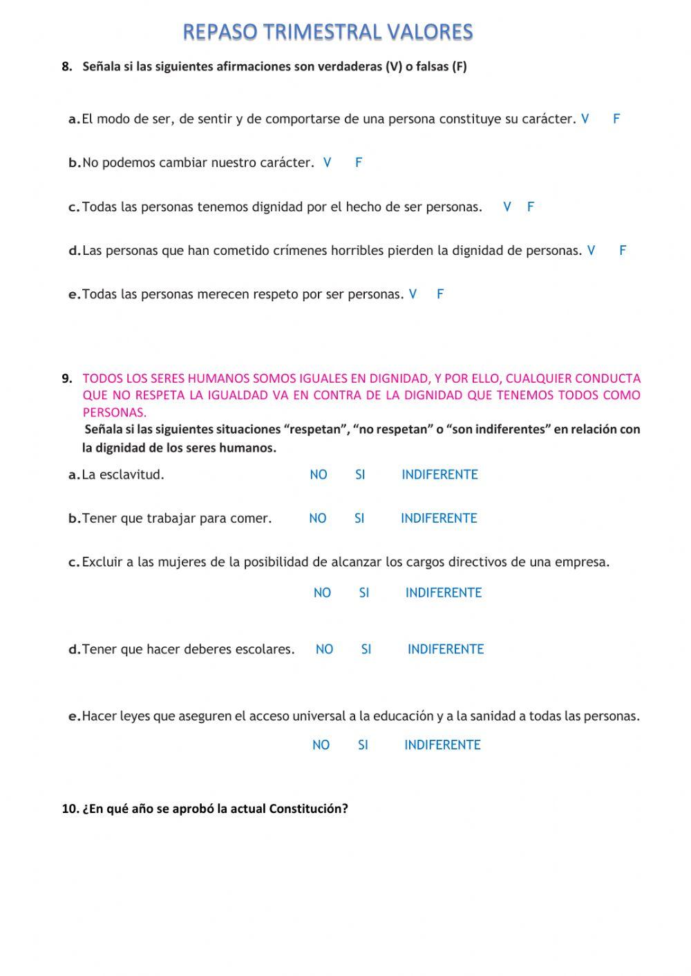 Repaso trimestral 5ºValores