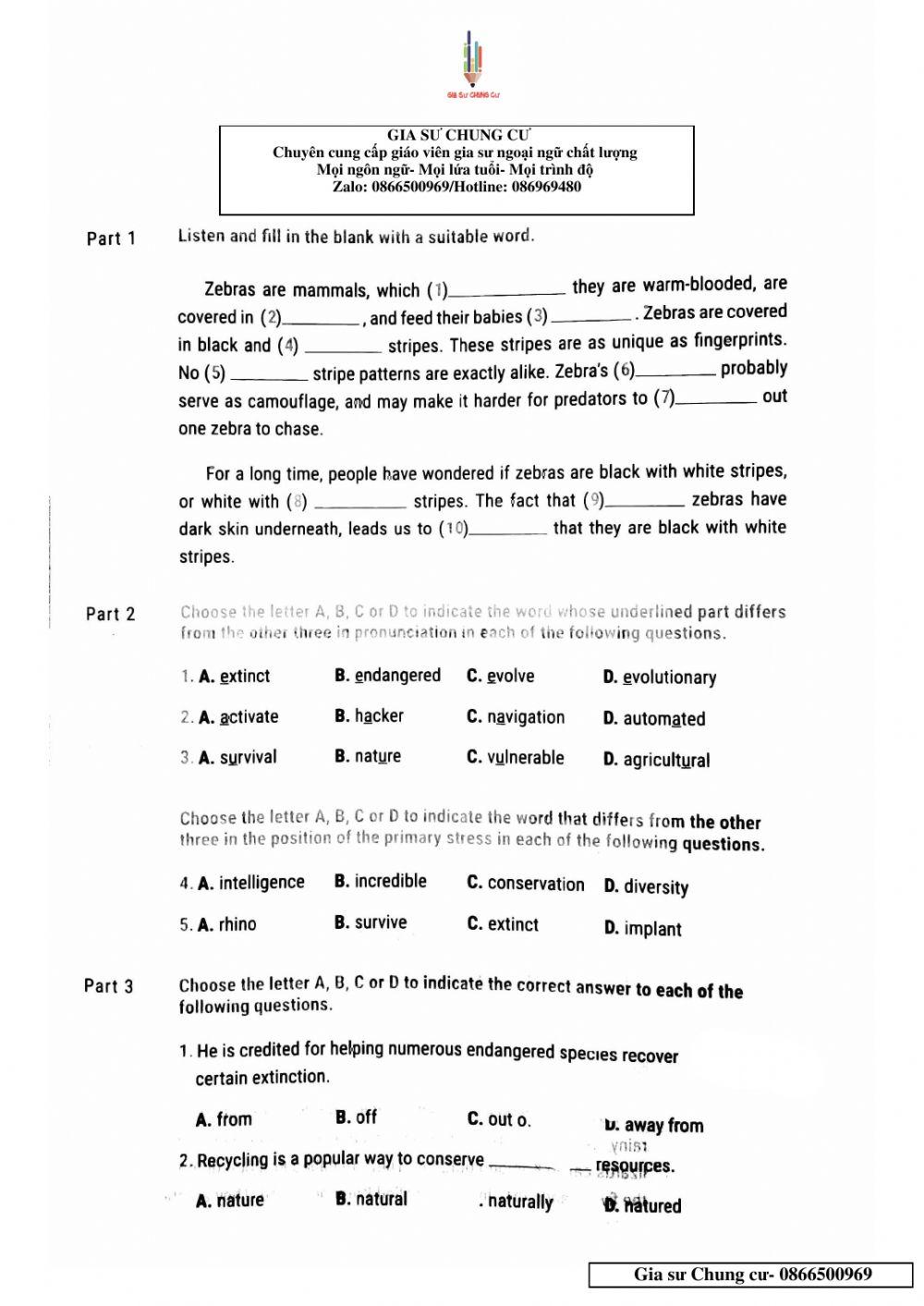 Lớp 12 - Kiểm tra 45p Unit 6,7