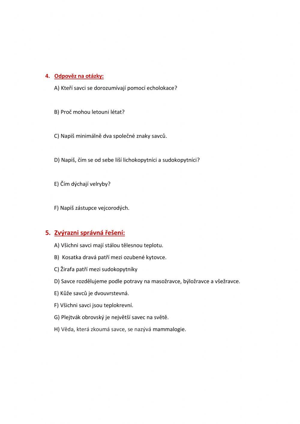 Pracovní list- Savci