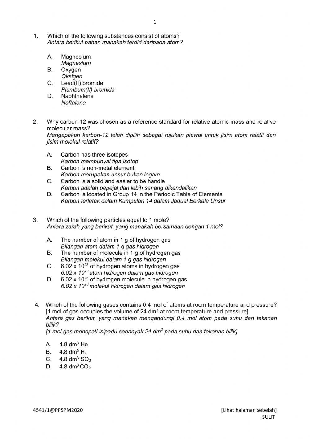 Chemistry Trial Perak 2020 Paper 1 Part 1