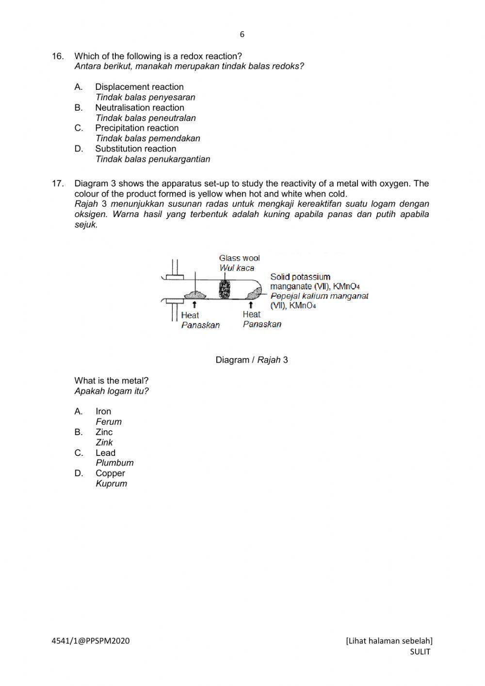 Chemistry Trial Perak 2020 Paper 1 Part 1