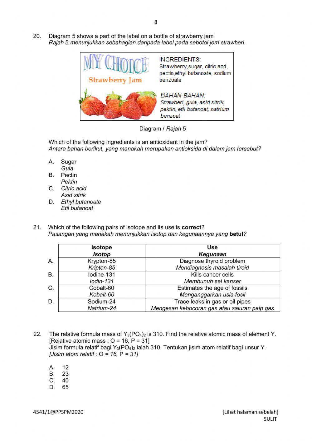 Chemistry Trial Perak 2020 Paper 1 Part 1