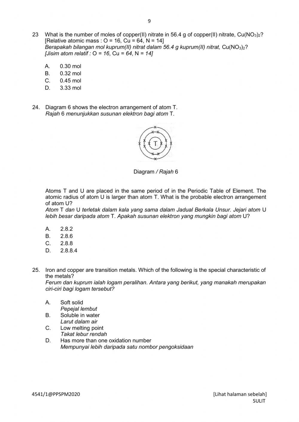 Chemistry Trial Perak 2020 Paper 1 Part 1