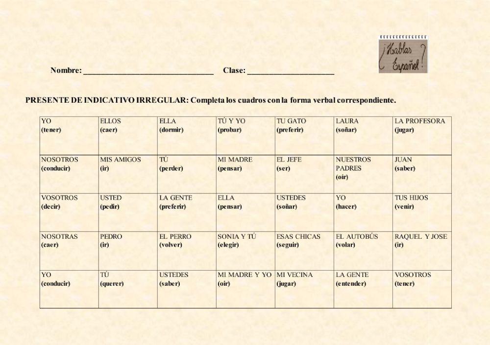 Presente de indicativo irregulares