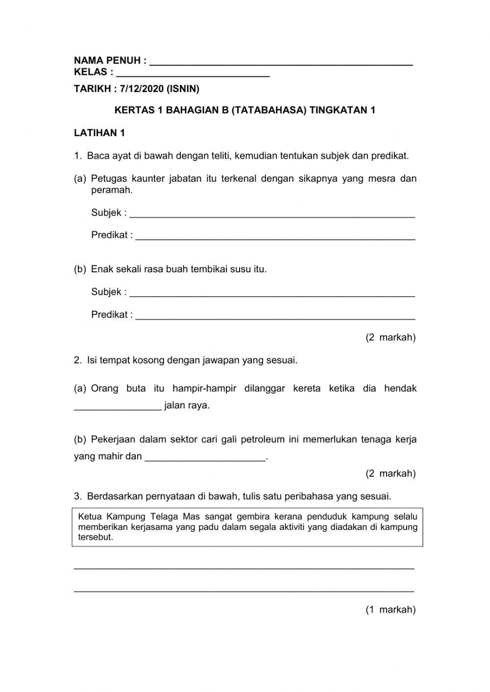 Bahagian b bahasa melayu tingkatan 1