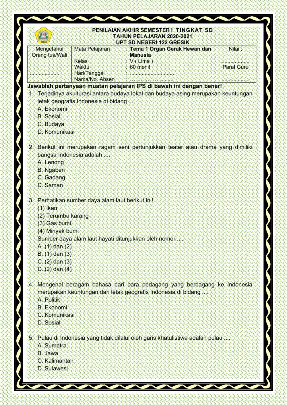 PAS I Tema 1 IPS Kelas 5 Tahun Pelajaran 2020-2021