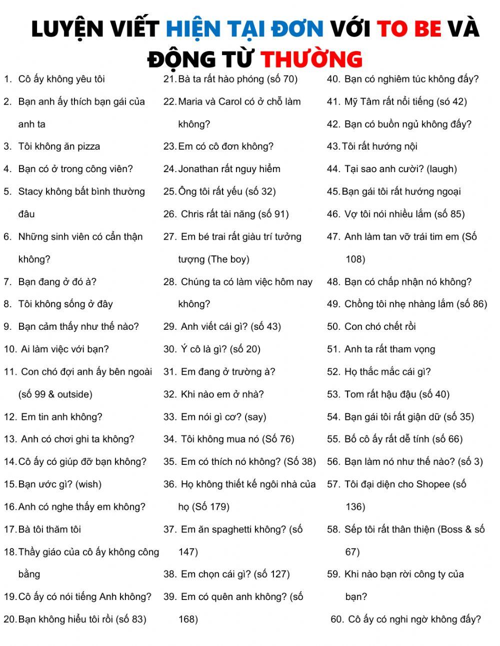 Luyện viết với Hiện Tại Đơn