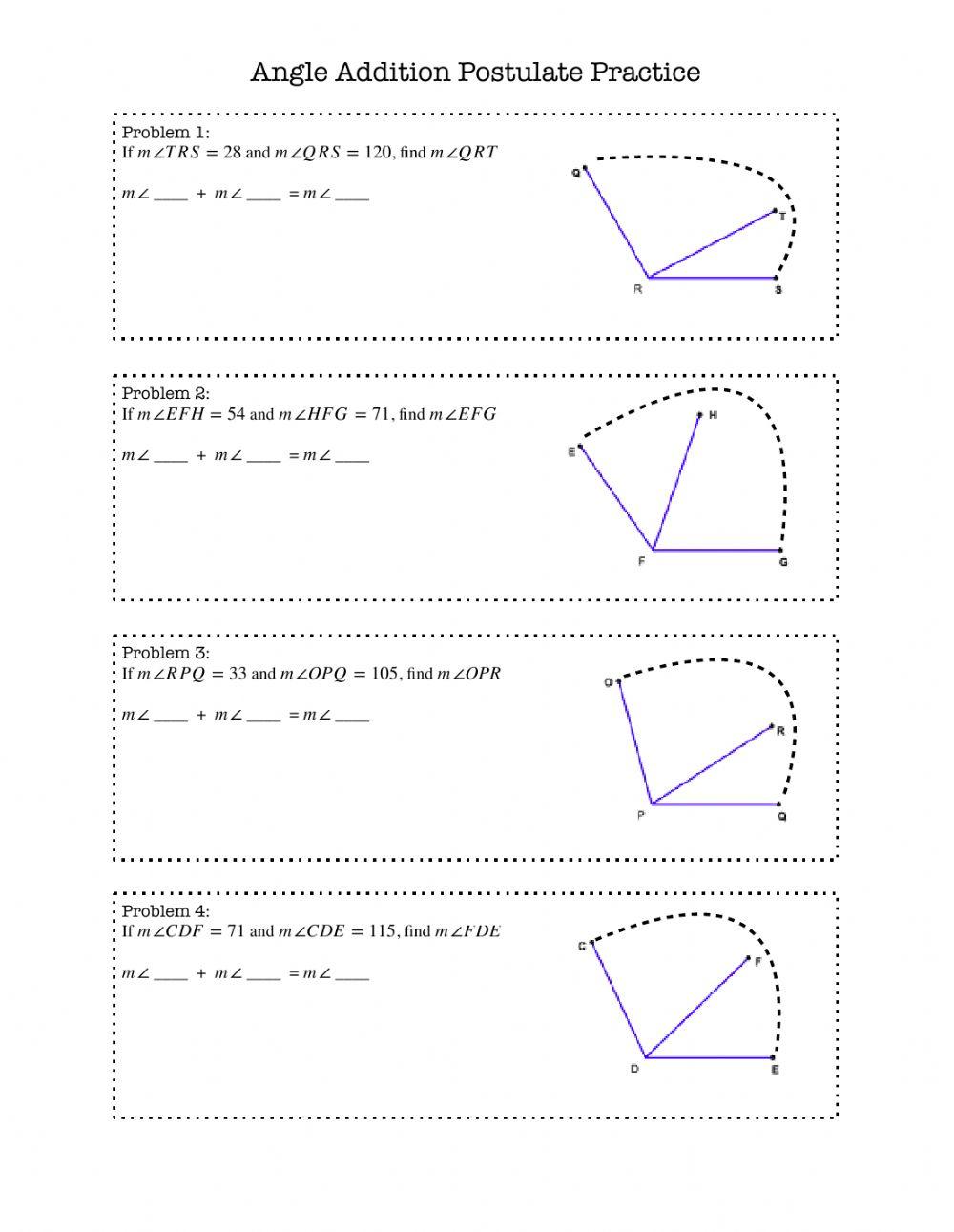 Angle Addition Postulate Numerical Practice
