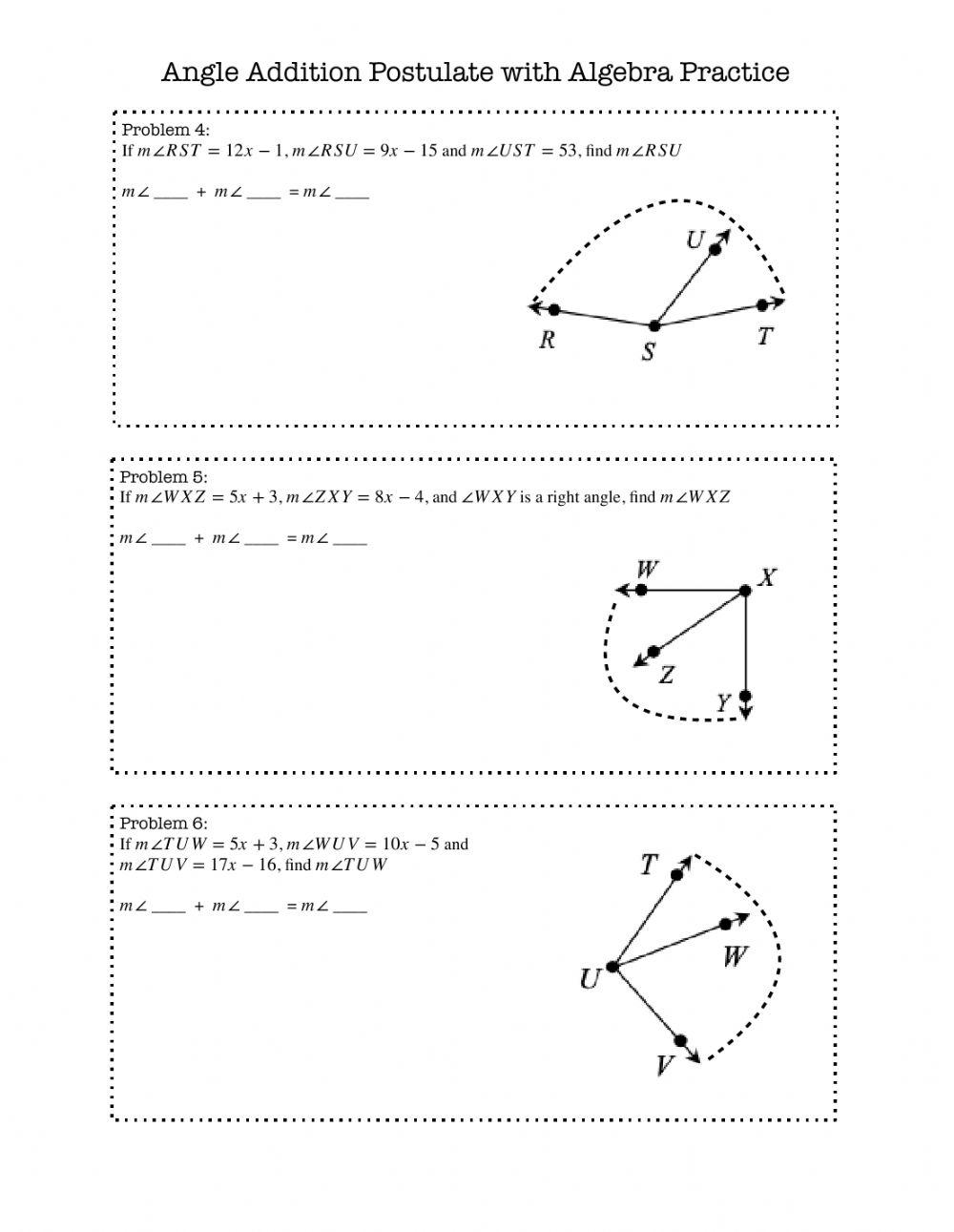 Angle Addition Postulate Algebraic Practice