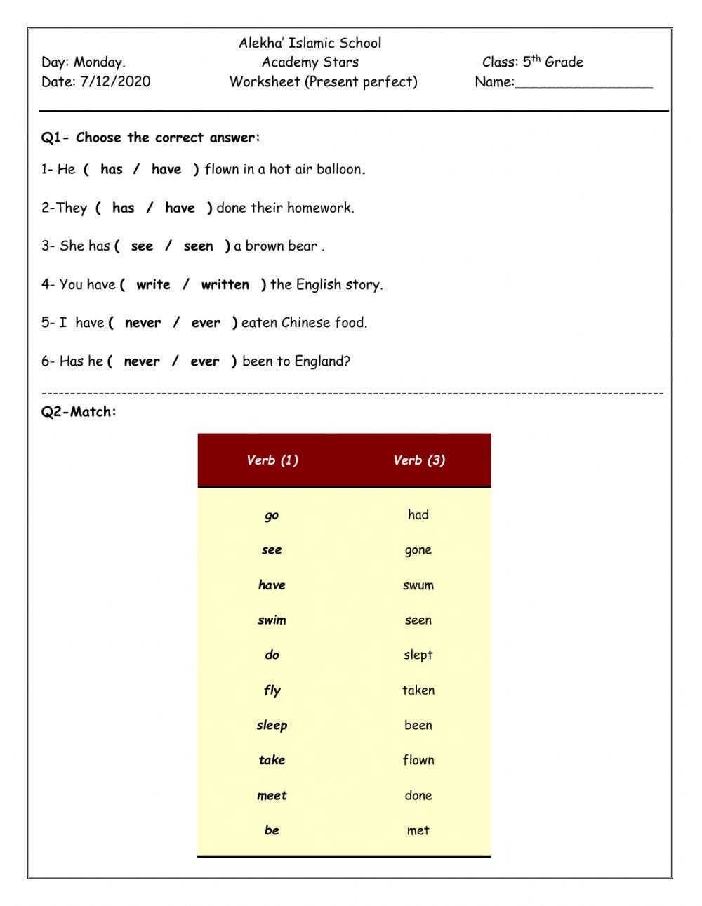 Present perfect worksheet