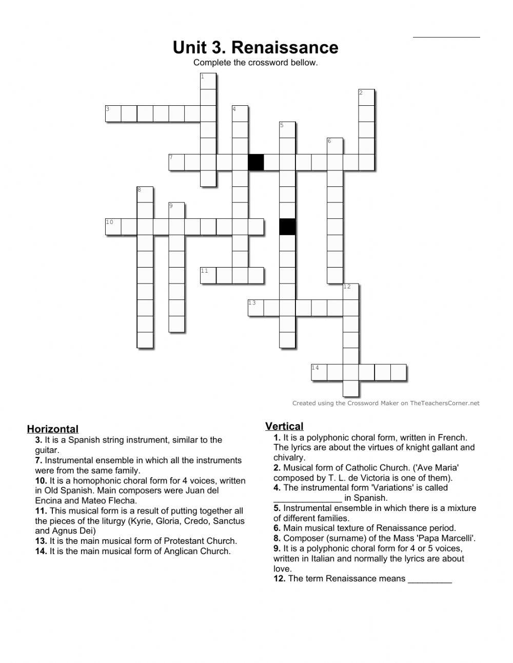 Crossword RENAISSANCE (3º ESO Music) worksheet Live Worksheets