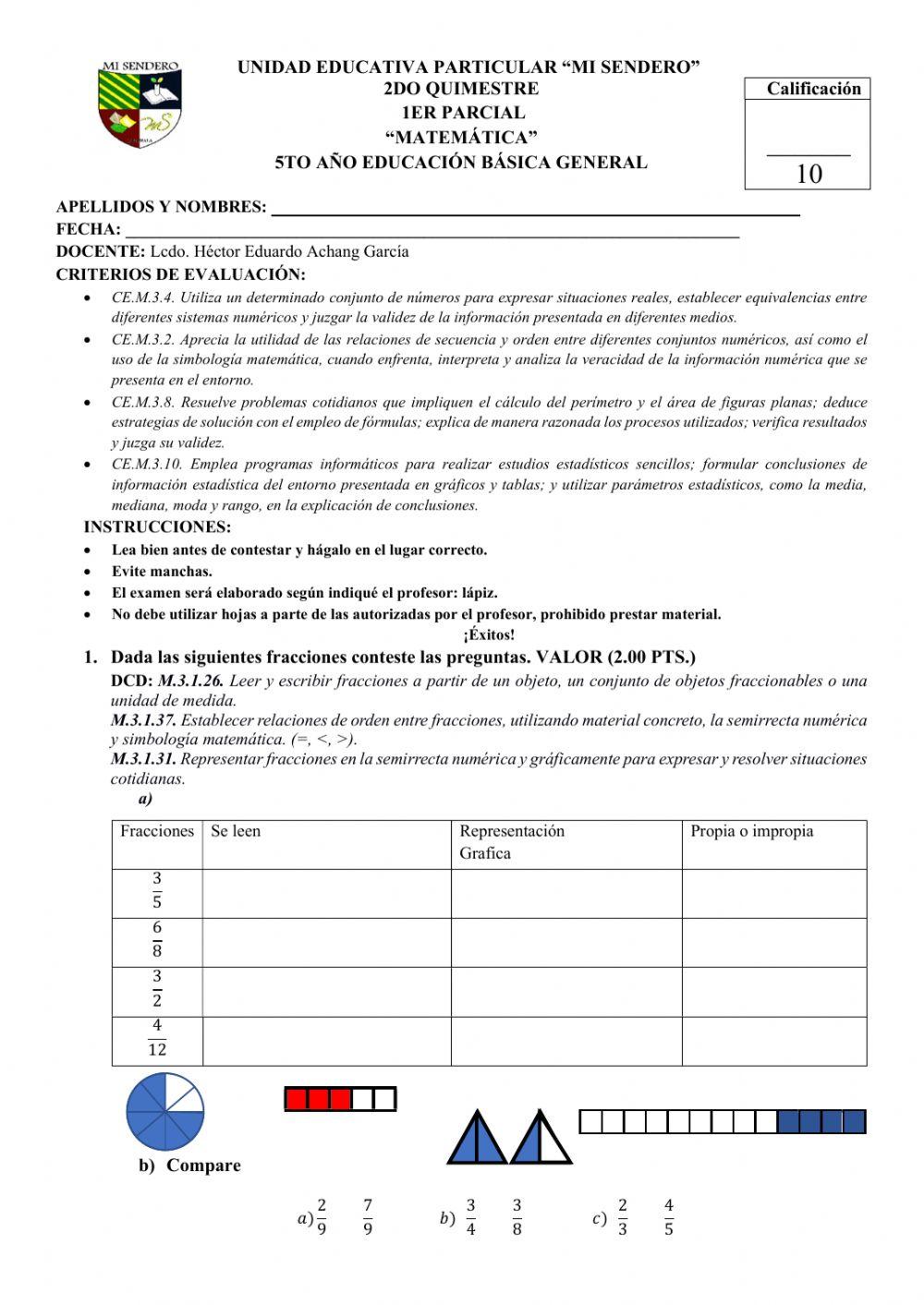 Examen de 5to Año 2do Quimestre 1er Parcial