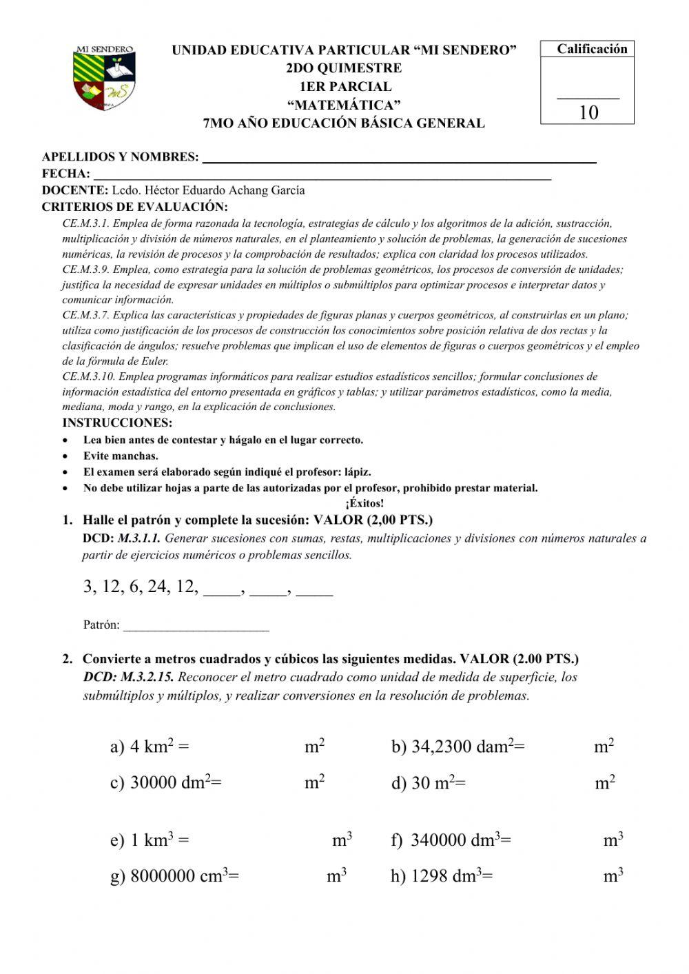 Examen 7mo 2do Quimestre 1er Parcial