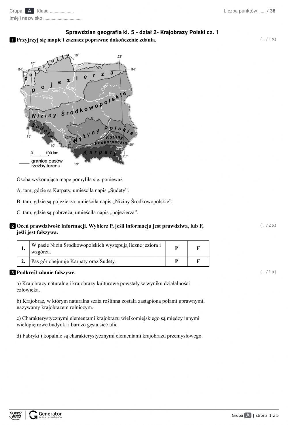 Sprawdzian Krajobrazy Polski 4517343 | sprawdzian kl. 5 - Krajobrazy Polski część 1.