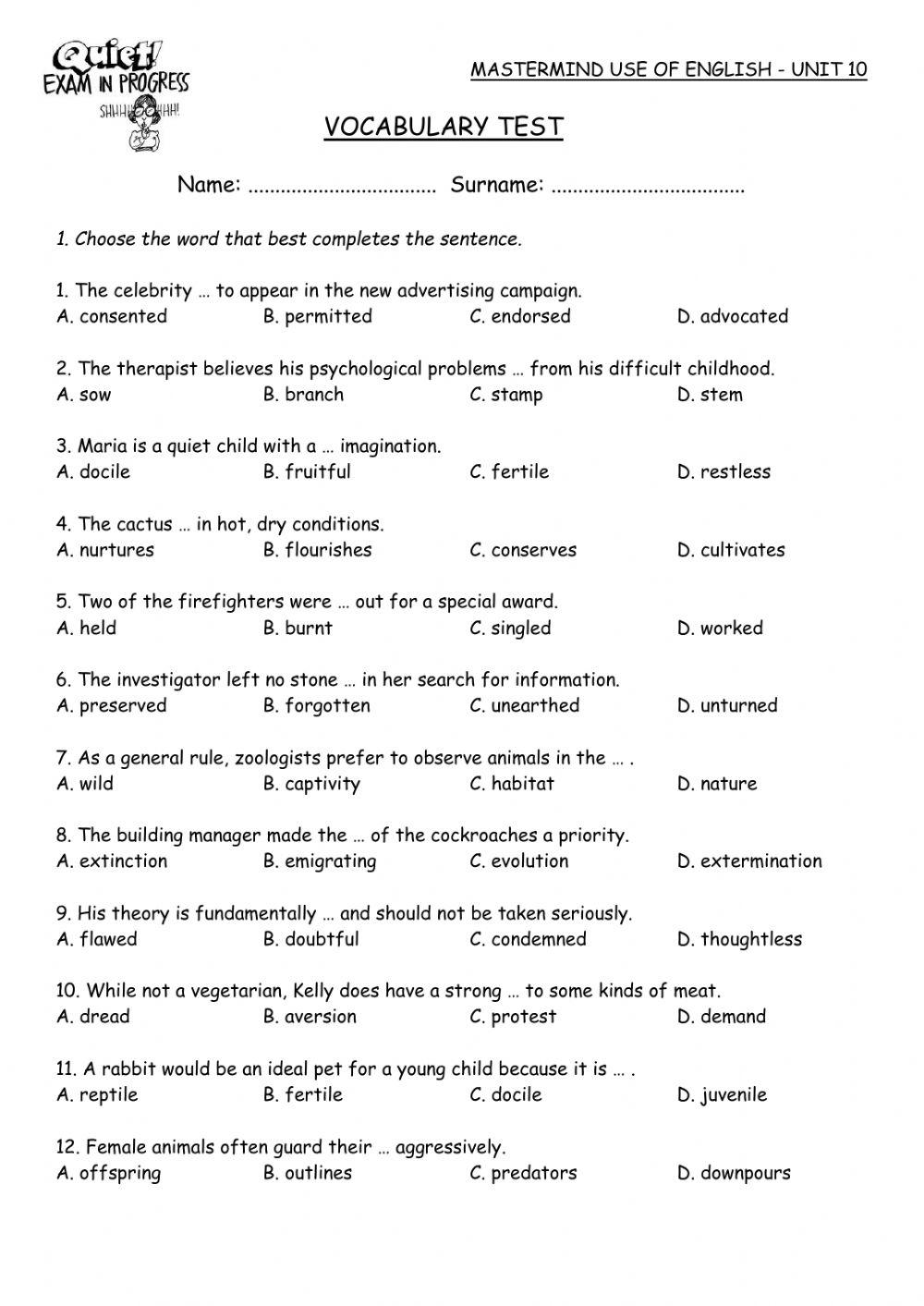 Mastermind Unit 10 Vocabulary Test