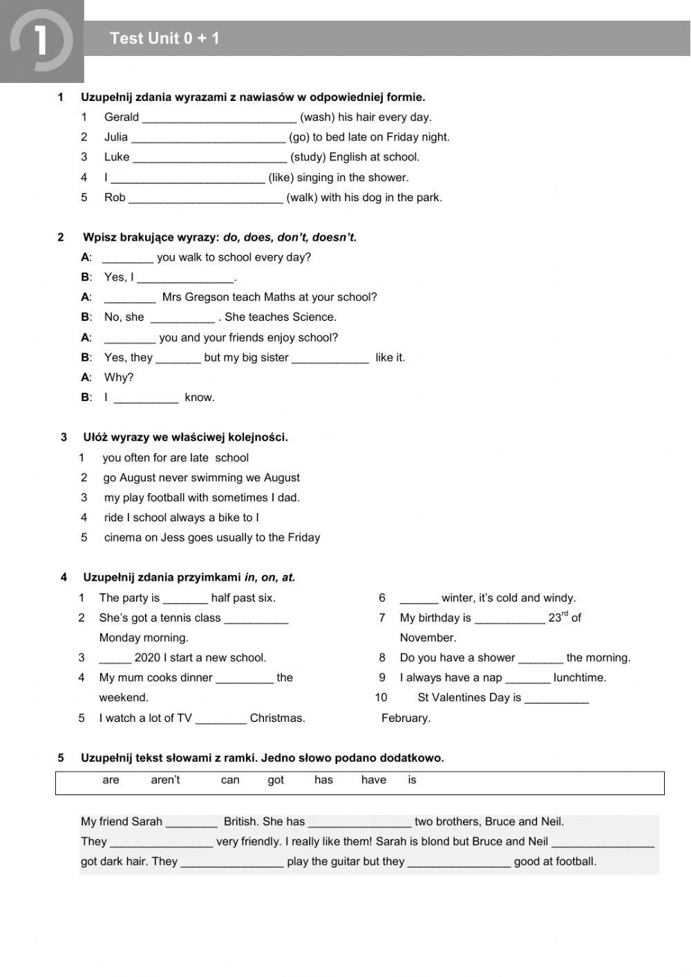 6300973 | English Class A1+ Unit 1 Test | Wioletta