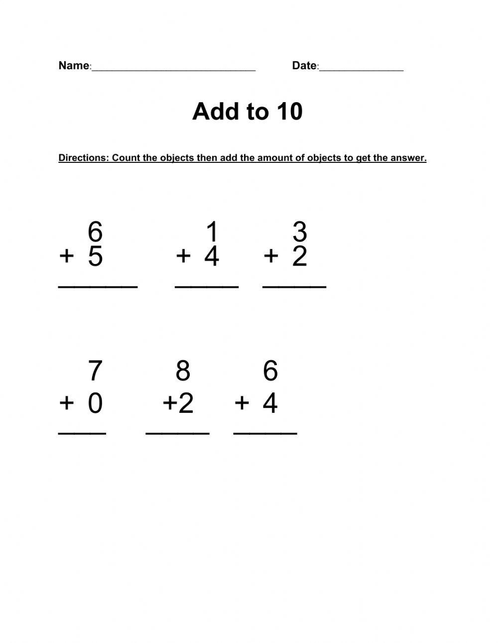 Add up to 10 worksheet Live Worksheets