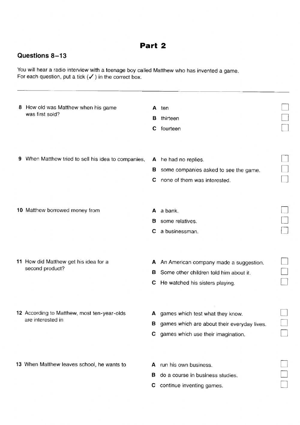PET Listening EXAM Pre-int