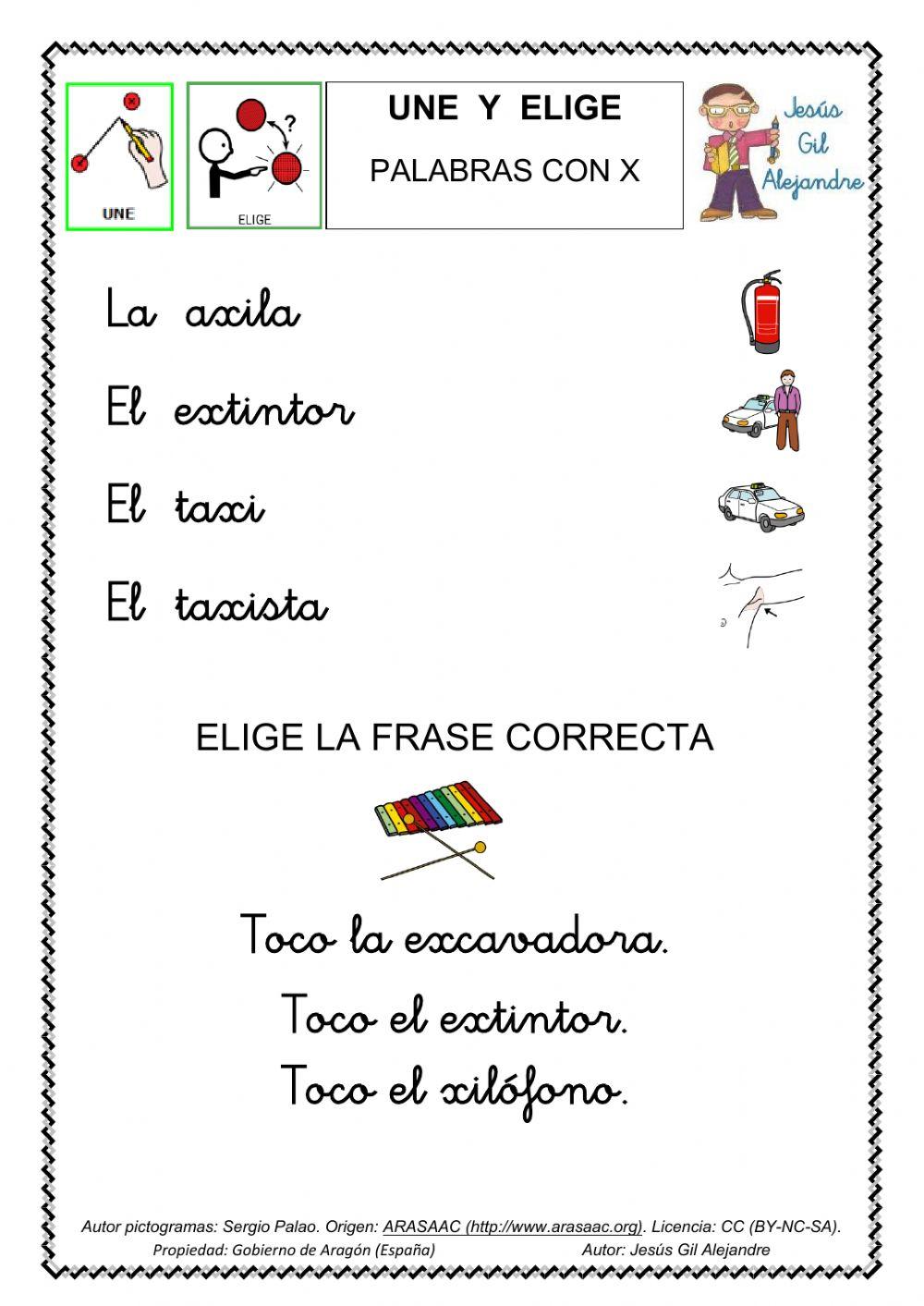 Une cada palabra con su dibujo y elige la frase correcta X minúsculas