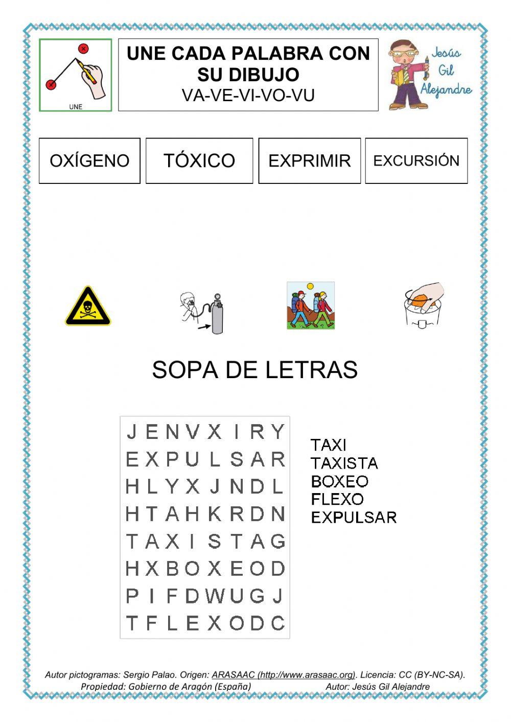 Une dibujo y palabra y sopa de letra palabras con letra xs