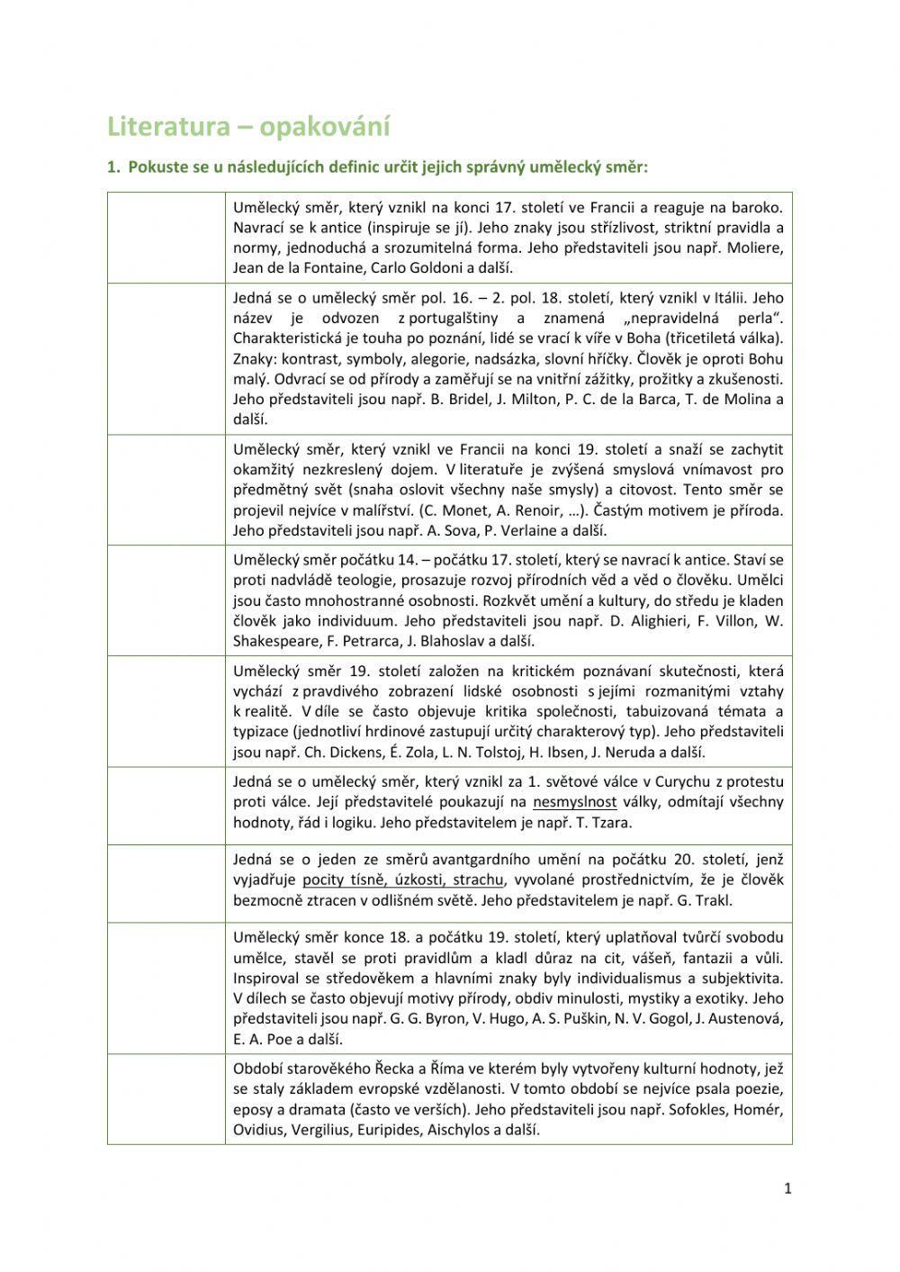 Pracovní list - Literatura