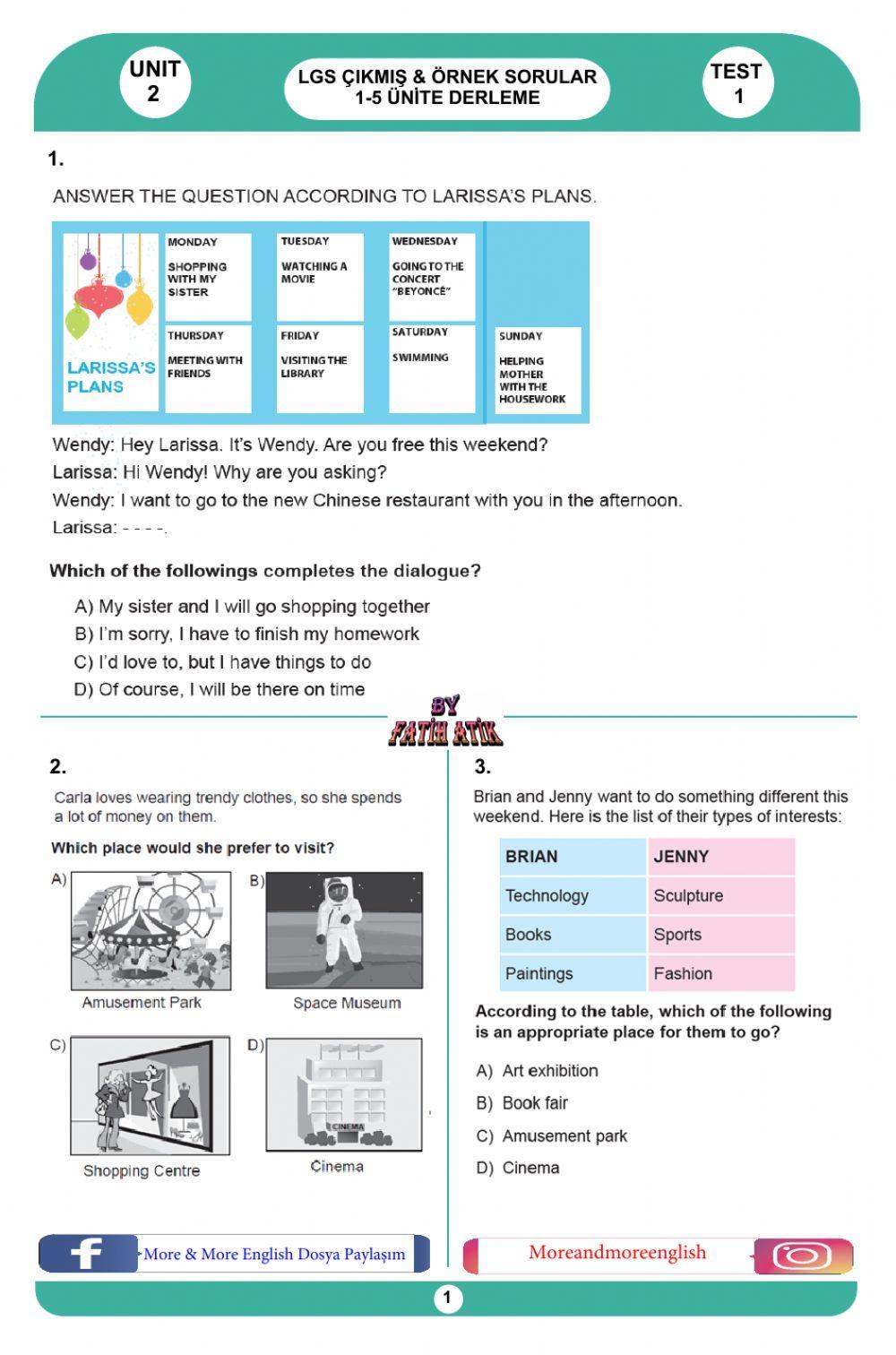 8. Sınıf İngilizce 2. Ünite Test