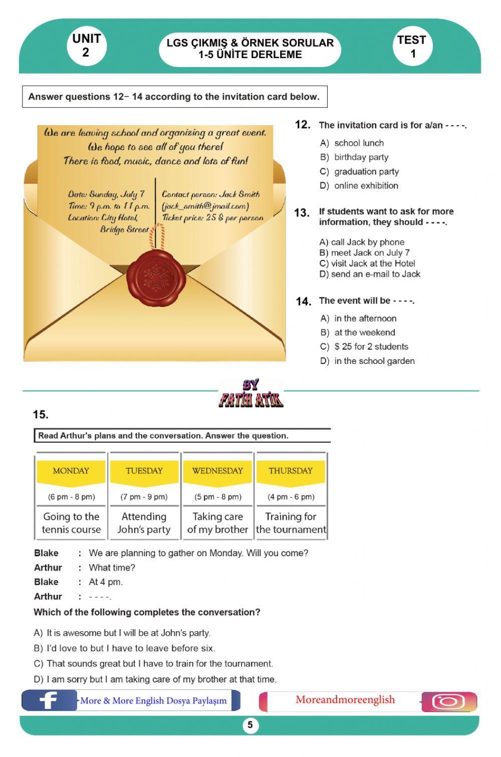 8. Sınıf İngilizce 2. Ünite Test