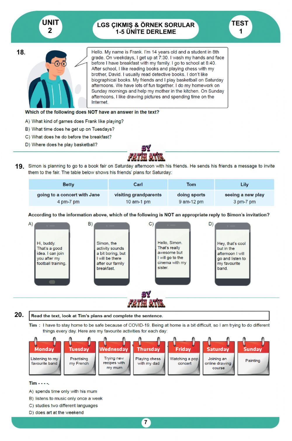 8. Sınıf İngilizce 2. Ünite Test